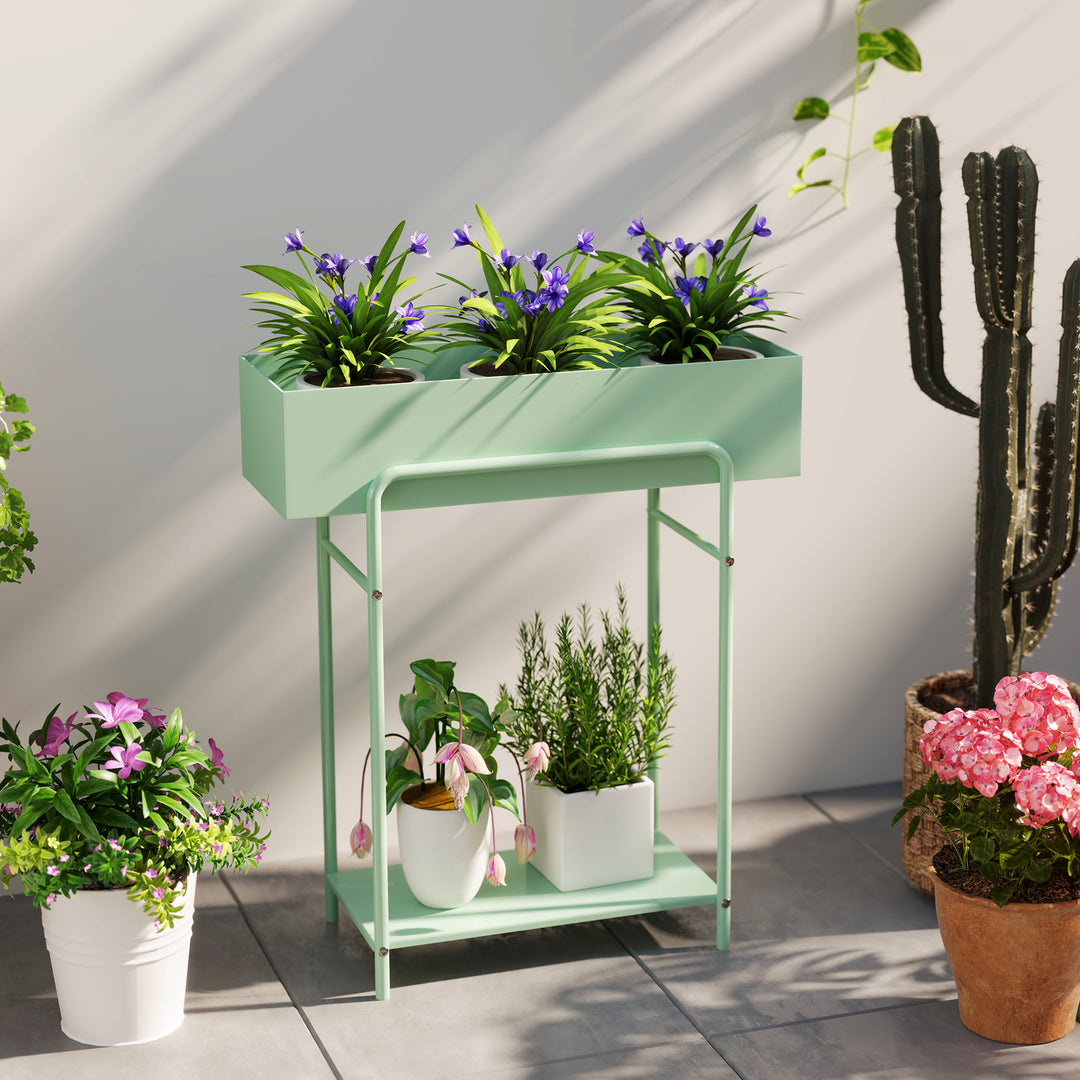 2 Tier Plant Stand, Metal Plant Rack Shelf with Drain Holes, Floor-standing Flower Pot Stand for Indoor Outdoor Garden Patio Balcony Living Room, Green