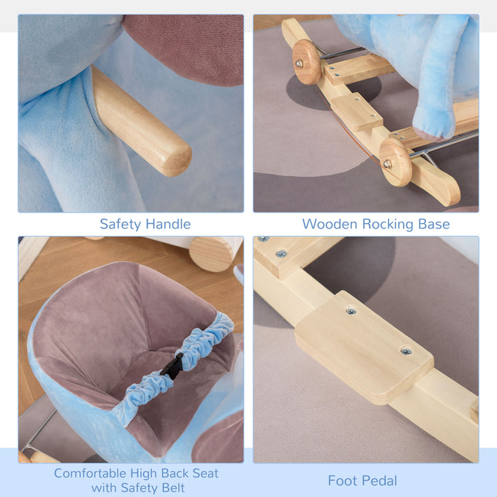 MCL 2 In 1 Plush Baby Ride on Rocking Horse Elephant Rocker with Wheels Wooden Toy for Kids 32 Songs for 18+ Months (Blue)