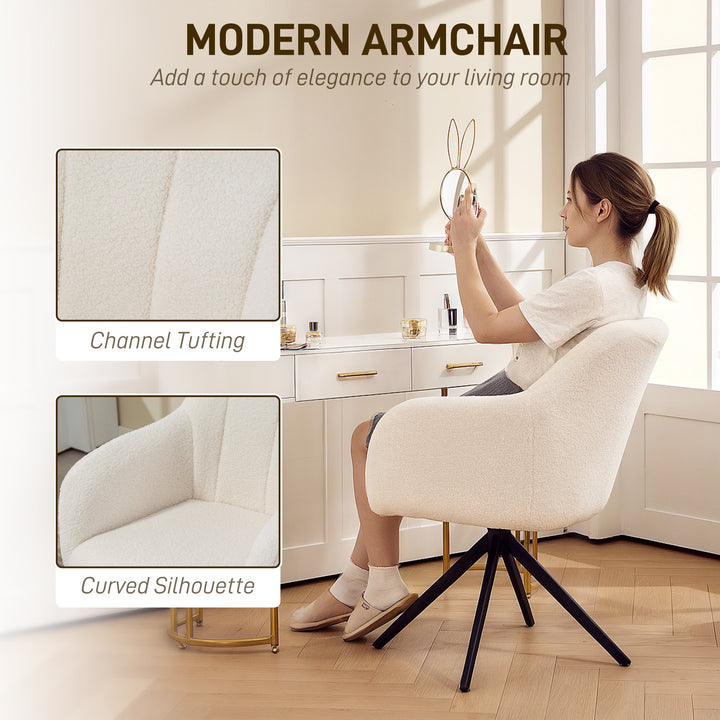 360 Degree Swivel Accent Chair, Teddy Fleece Fabric Armchair, Upholstered Tufted Vanity Chair with Steel Legs for Living Room, Bedroom, Home Office, White