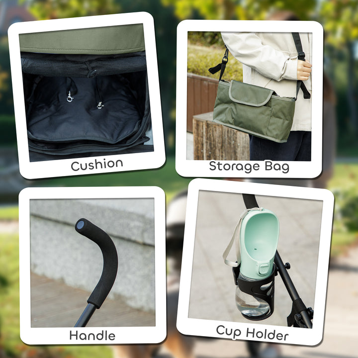 Foldable Dog Stroller, Lightweight Dog Pram w/ Shoulder Strap, Storage Bag, Cup Holder, Dark Green