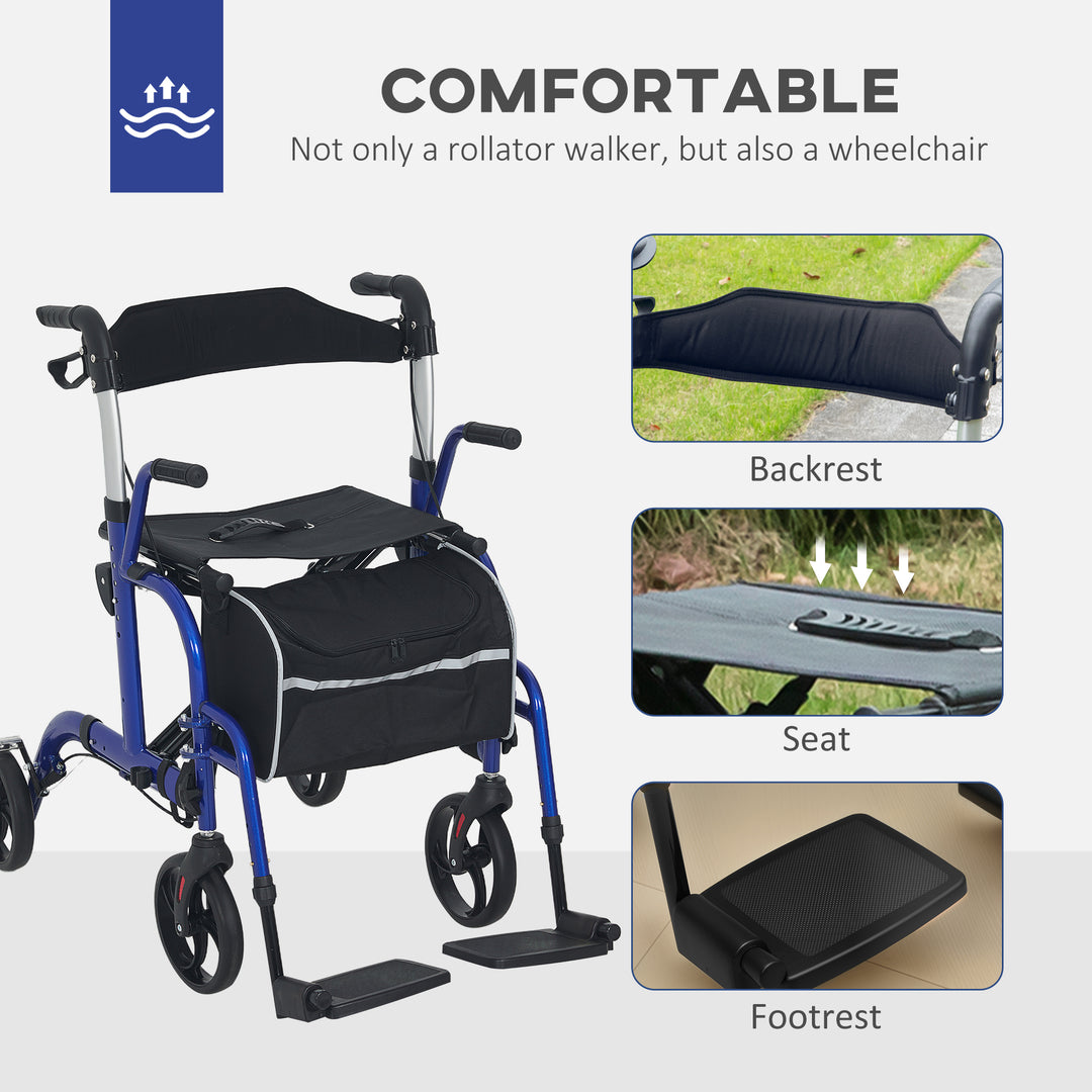 2 in 1 Wheelchair Transport Chair & Folding Rollator Walker with Seat, Backrest, Footrest, Lightweight Walking Frame with Bag, Adjustable Height, 4 Wheeled Walker for Seniors, Pearl Blue