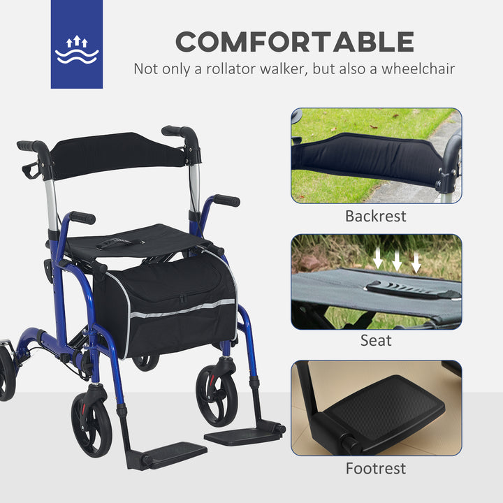 2 in 1 Wheelchair Transport Chair & Folding Rollator Walker with Seat, Backrest, Footrest, Lightweight Walking Frame with Bag, Adjustable Height, 4 Wheeled Walker for Seniors, Pearl Blue