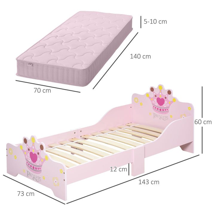 MCL Kids Toddler Bed Princess Crown Theme Safety Side Rails Slats Home Bedroom Furniture Boys Girls 3-6 Yrs Pink 143 x 73 x 60 cm