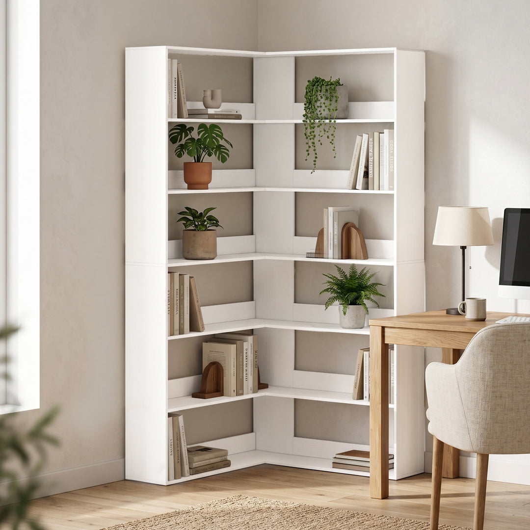 7 Tiers Bookshelf, L-Shaped Corner Bookcase with Anti-Slip Rear Guard,