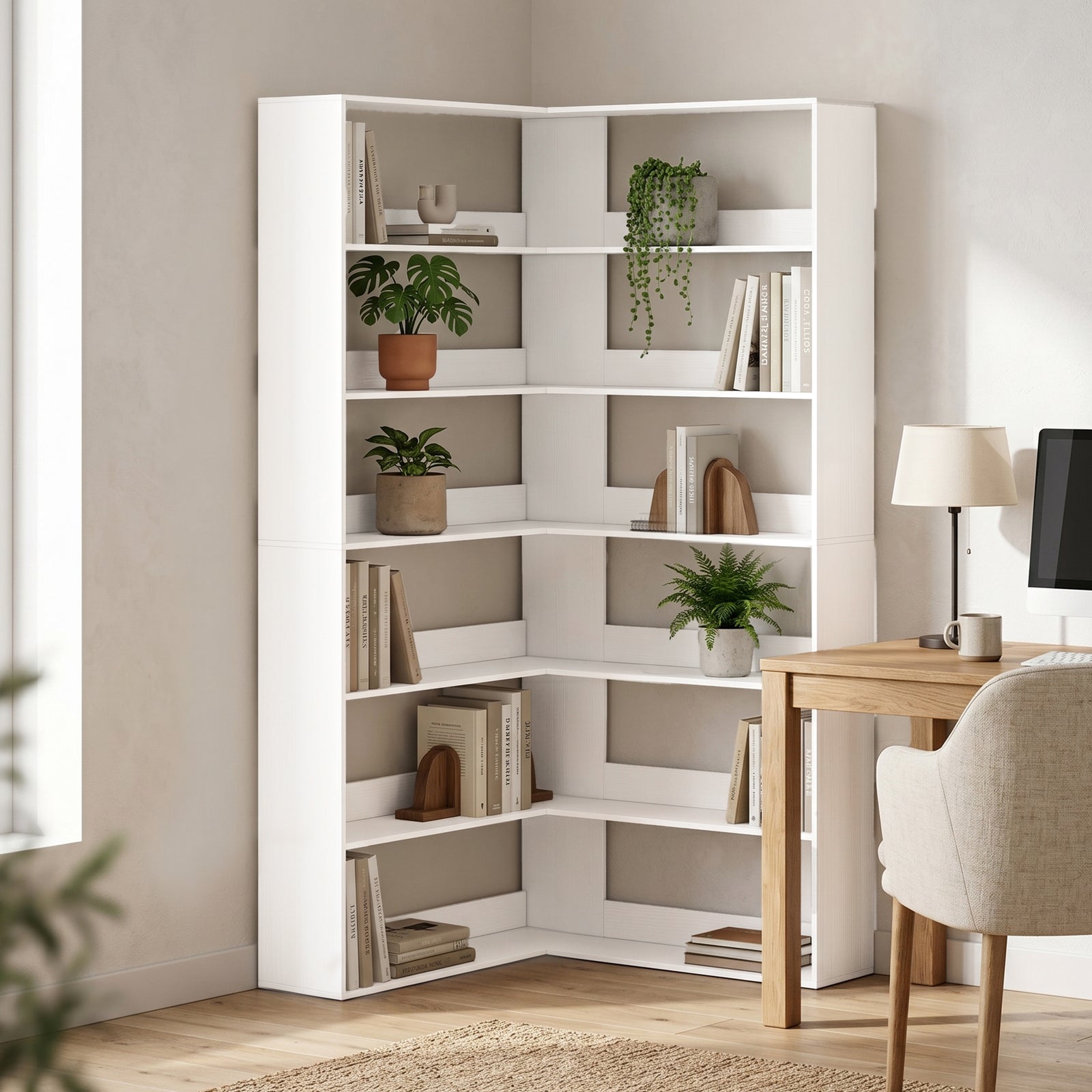 7 Tiers Bookshelf, L-Shaped Corner Bookcase with Anti-Slip Rear Guard,