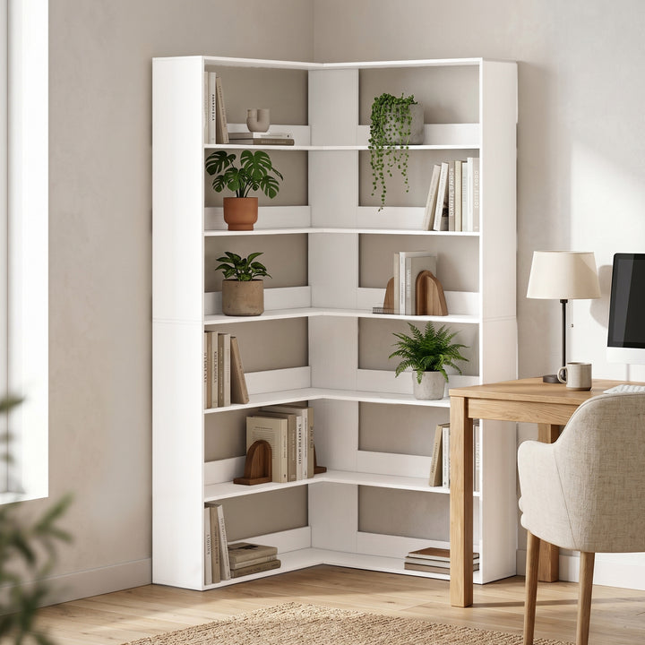 7 Tiers Bookshelf, L-Shaped Corner Bookcase with Anti-Slip Rear Guard,