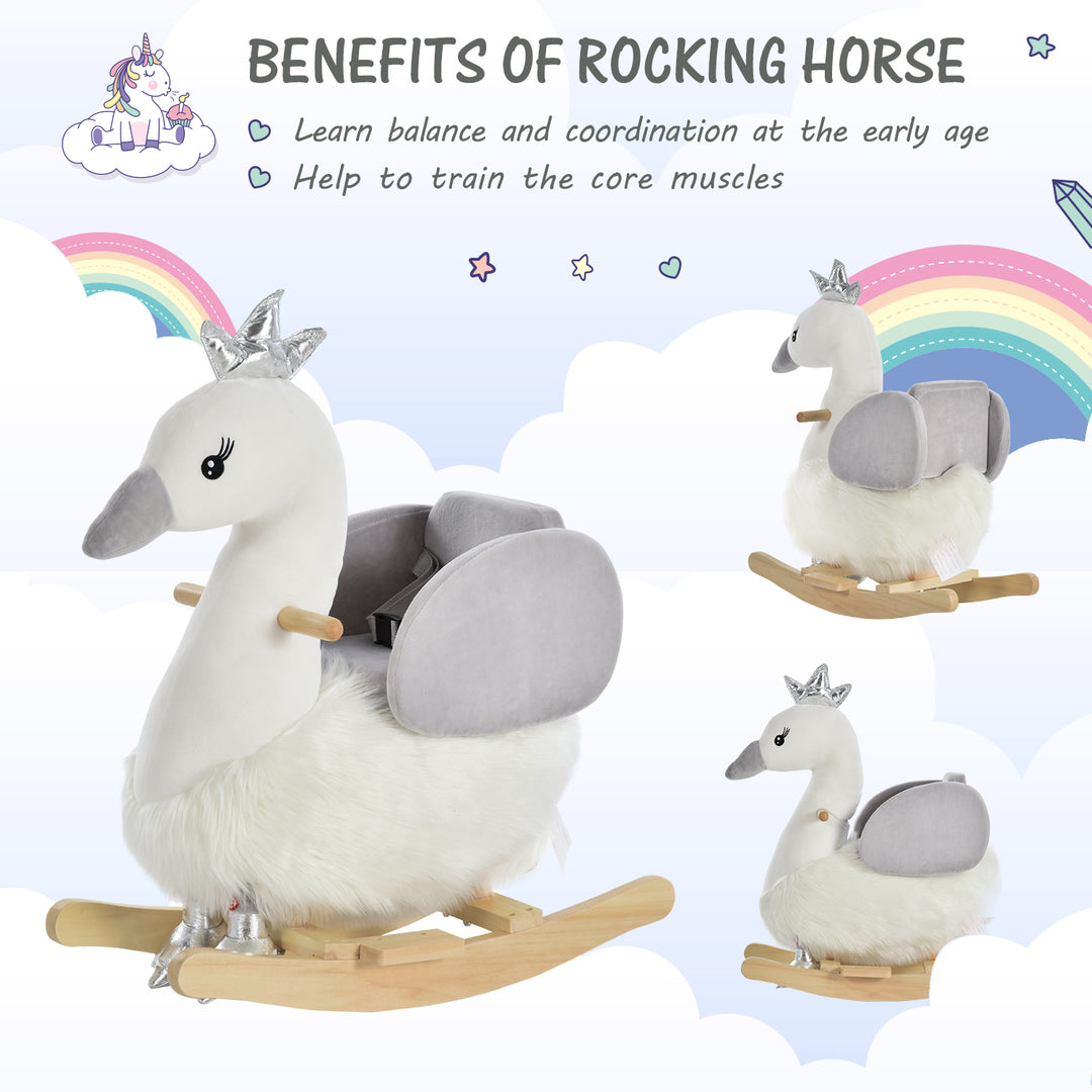 MCL Kids Rocking Horse, Children Plush Ride On Swan Animal Rocker w/ Sound, Wood Base Seat, Safety Belt, Baby Toy Rocker for Toddler 18 - 36 Months, White and Grey