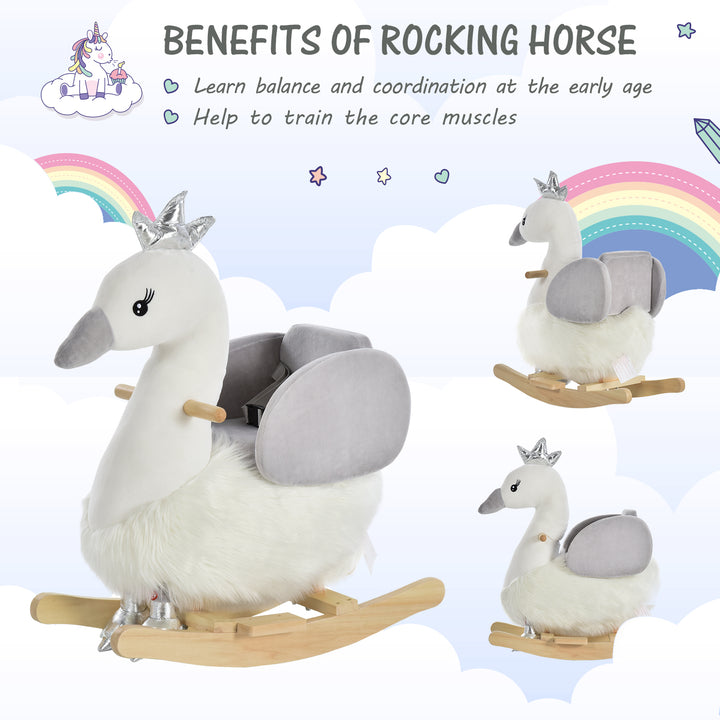 MCL Kids Rocking Horse, Children Plush Ride On Swan Animal Rocker w/ Sound, Wood Base Seat, Safety Belt, Baby Toy Rocker for Toddler 18 - 36 Months, White and Grey