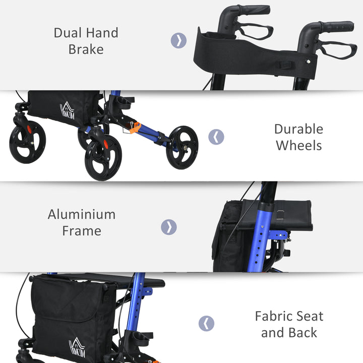 4 Wheel Rollator with Seat and Back, Folding Mobility Walker with Carry Bag, Adjustable Height, Dual Brakes, Cane Holder, Lightweight Aluminium Walking Frame for Seniors and Disabled, Blue