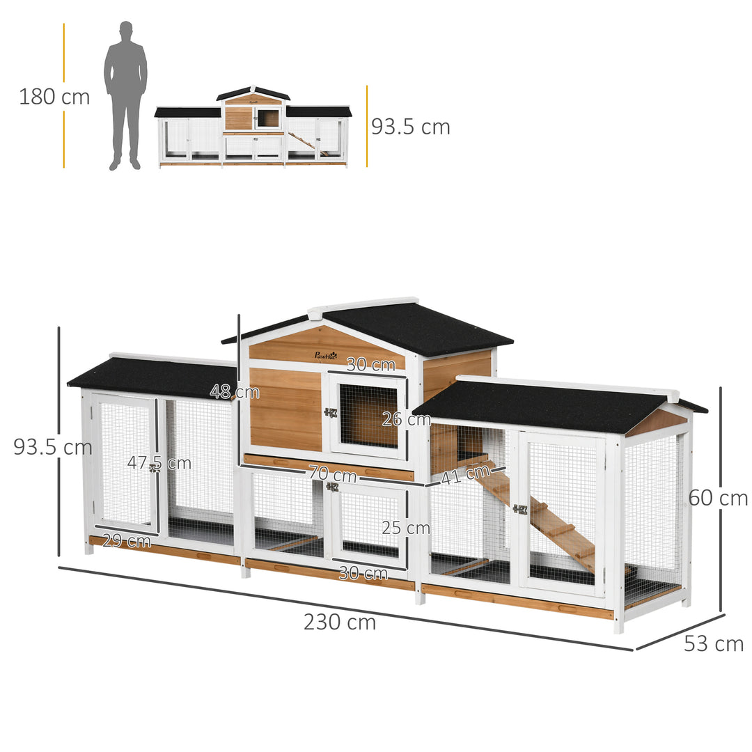 PawHut 2 Tier Wooden Rabbit Hutch, Guinea Pig Cage, Bunny Run, Small Animal House with Double Side Run Boxes, Slide-out Tray, Ramp, 230 x 53 x 93.5cm