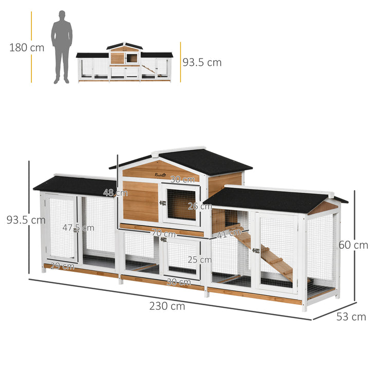 PawHut 2 Tier Wooden Rabbit Hutch, Guinea Pig Cage, Bunny Run, Small Animal House with Double Side Run Boxes, Slide-out Tray, Ramp, 230 x 53 x 93.5cm