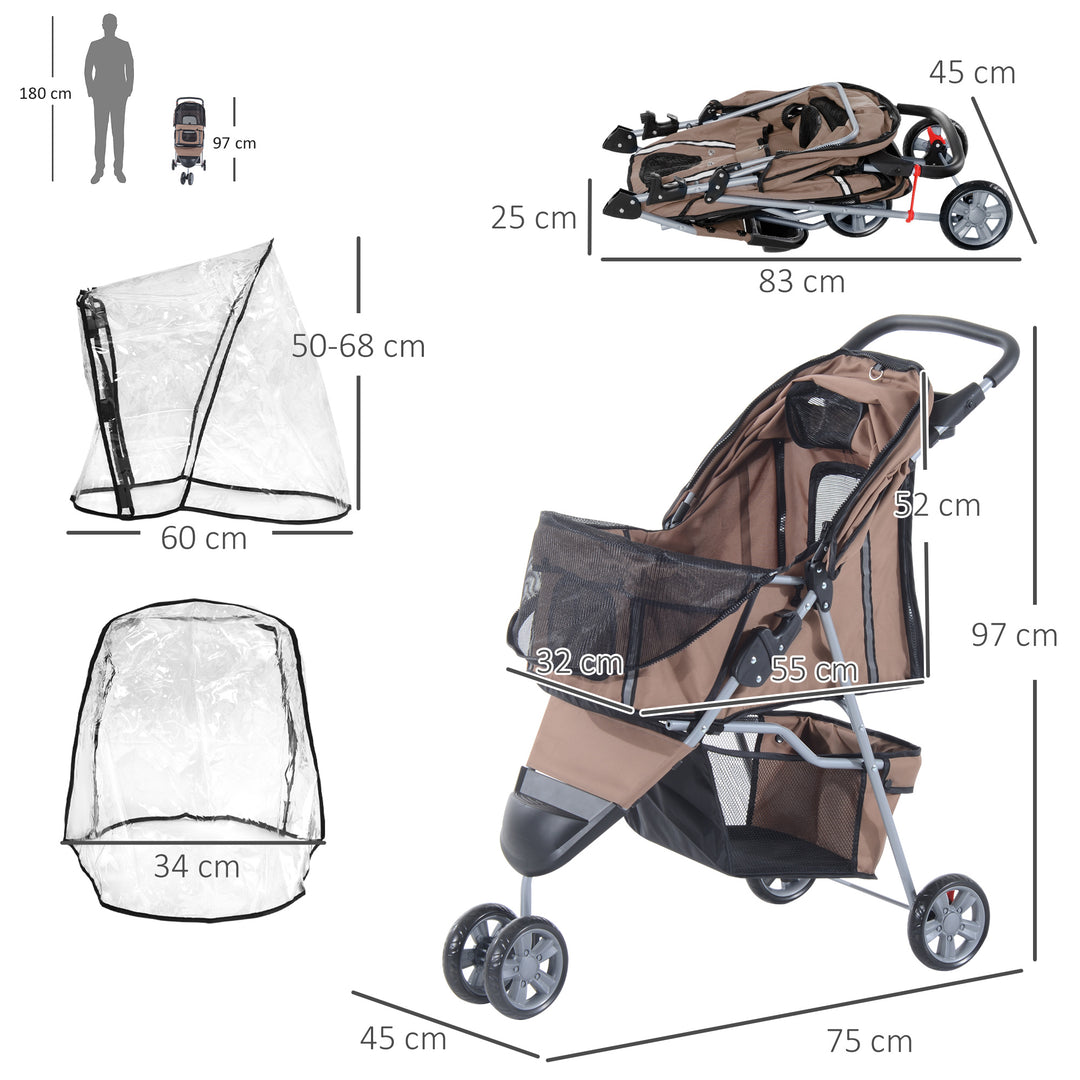 PawHut Lightweight Folding Dog Stroller with Cover, Cat and Dog Pushchair w/ Drink Holder, Storage Basket, Safety Features, Brown | Aosom UK