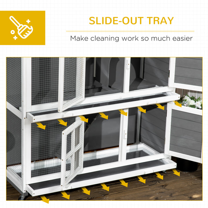 Wooden Rabbit Hutch, Two-Tier Guinea Pig Cage, with Removable Tray, Wheels