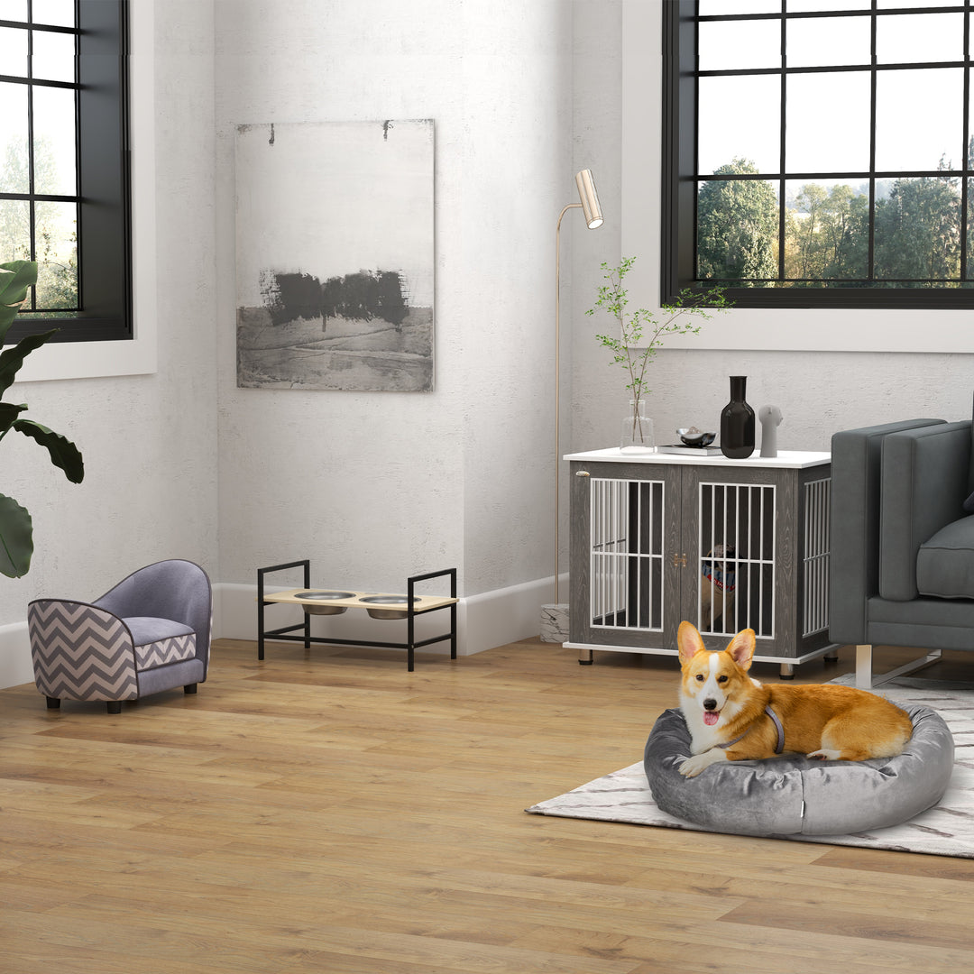 Dog Crate Wooden Pet Kennel Cage End Table w/ Lockable Door for Small Medium Dog Grey & White 85 x 55 x 75 cm