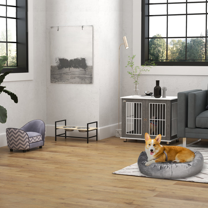 Dog Crate Wooden Pet Kennel Cage End Table w/ Lockable Door for Small Medium Dog Grey & White 85 x 55 x 75 cm