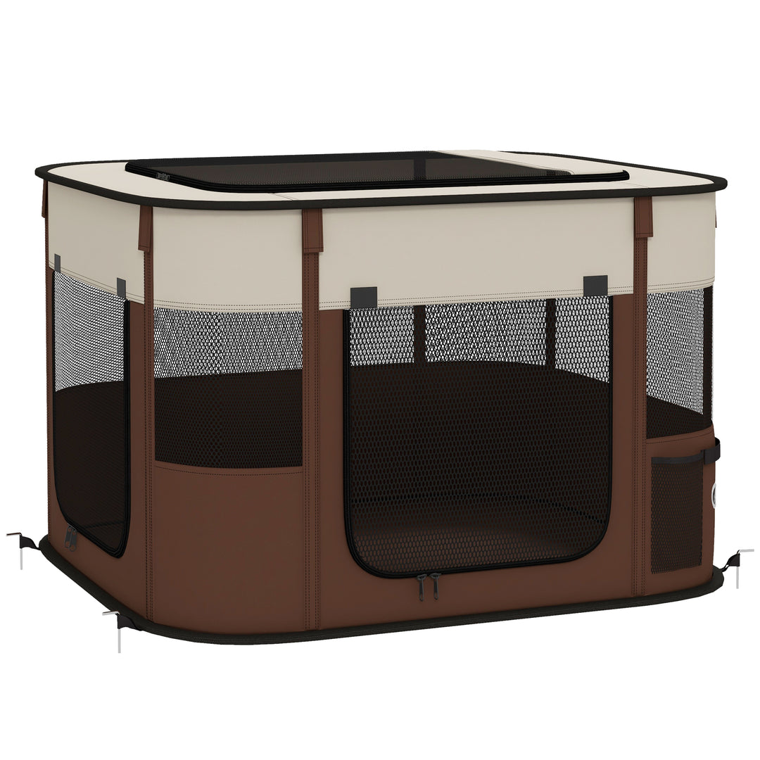 Foldable Dog Pen with Storage Bag for Indoor/Outdoor Use, Portable Pet playpen, with Ground Stakes - Brown