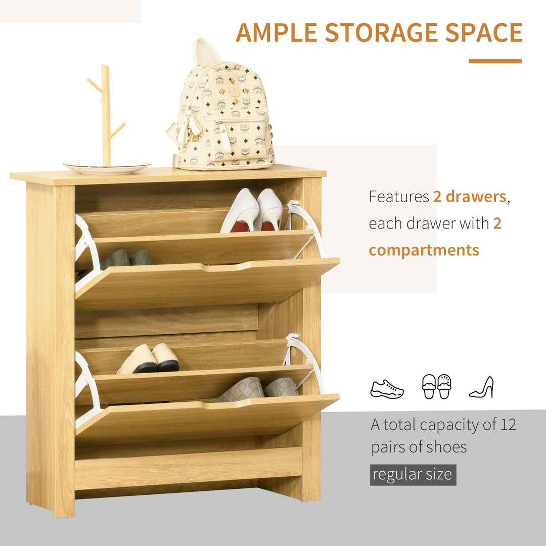 Narrow Shoe Cabinet, Space Saving Shoe Storage Cabinet with 2 Flip Drawers and Adjustable Shelves for 6-12 Pairs of Shoes for Hallways and Living Room, Natural Wood Finish