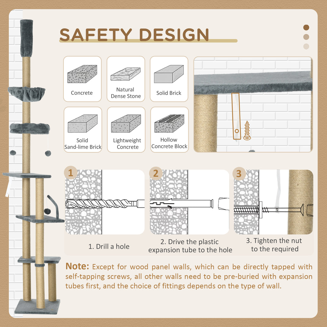 PawHut Floor to Ceiling Cat Tree, 6-Tier Climbing Activity Centre with Scratching Post, Hammock, Adjustable Height 230-250cm, Grey | Aosom UK