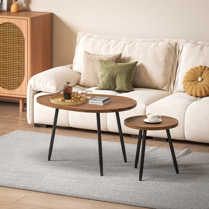 Nesting Coffee Table Set of 2, 80cm Modern Stacking End Side Table with Metal Legs for Living Room Bedroom Office, Chestnut Wood Effect