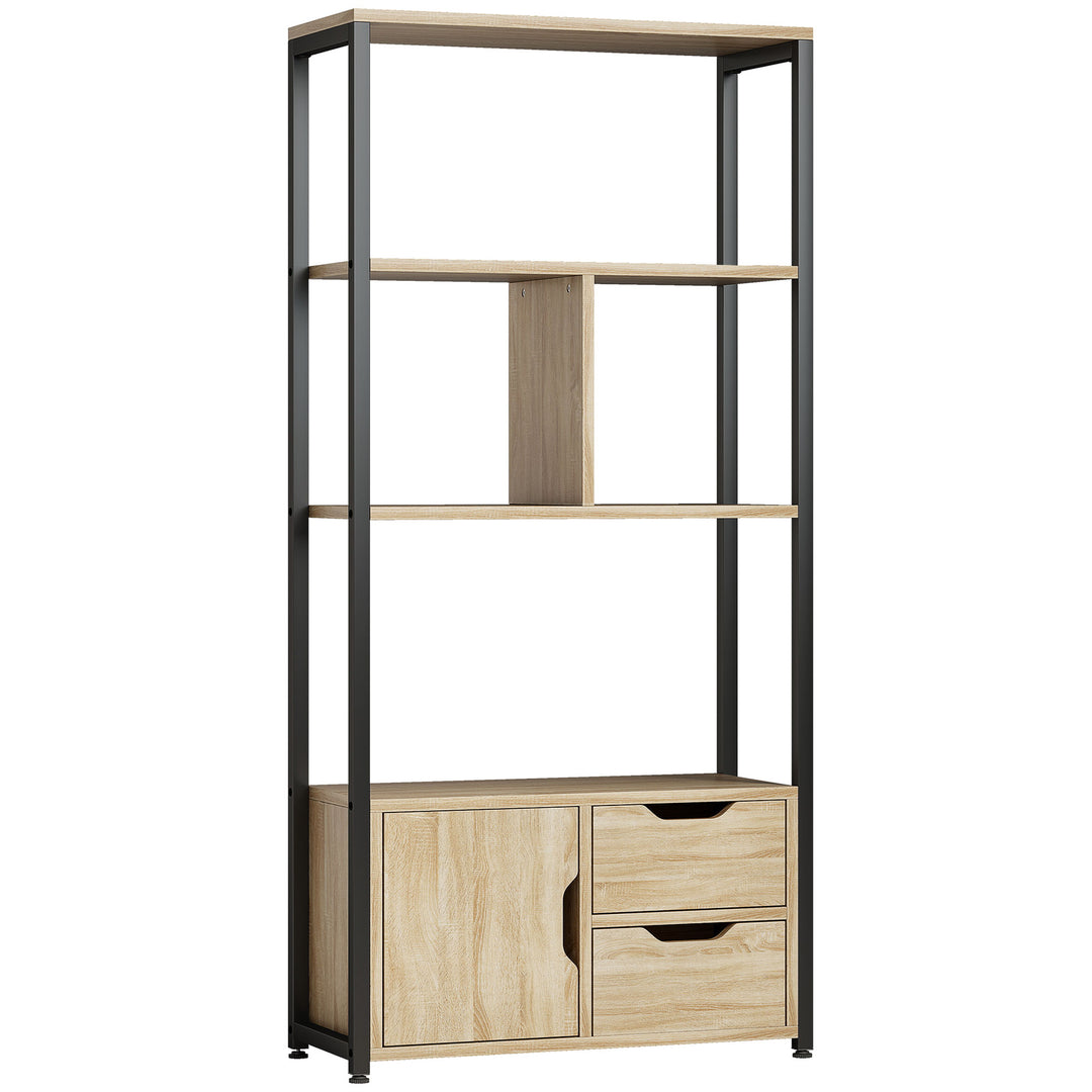 4-Tier Bookcase, Bookshelf with 1 Cabinet and 2 Drawers for Living Roo