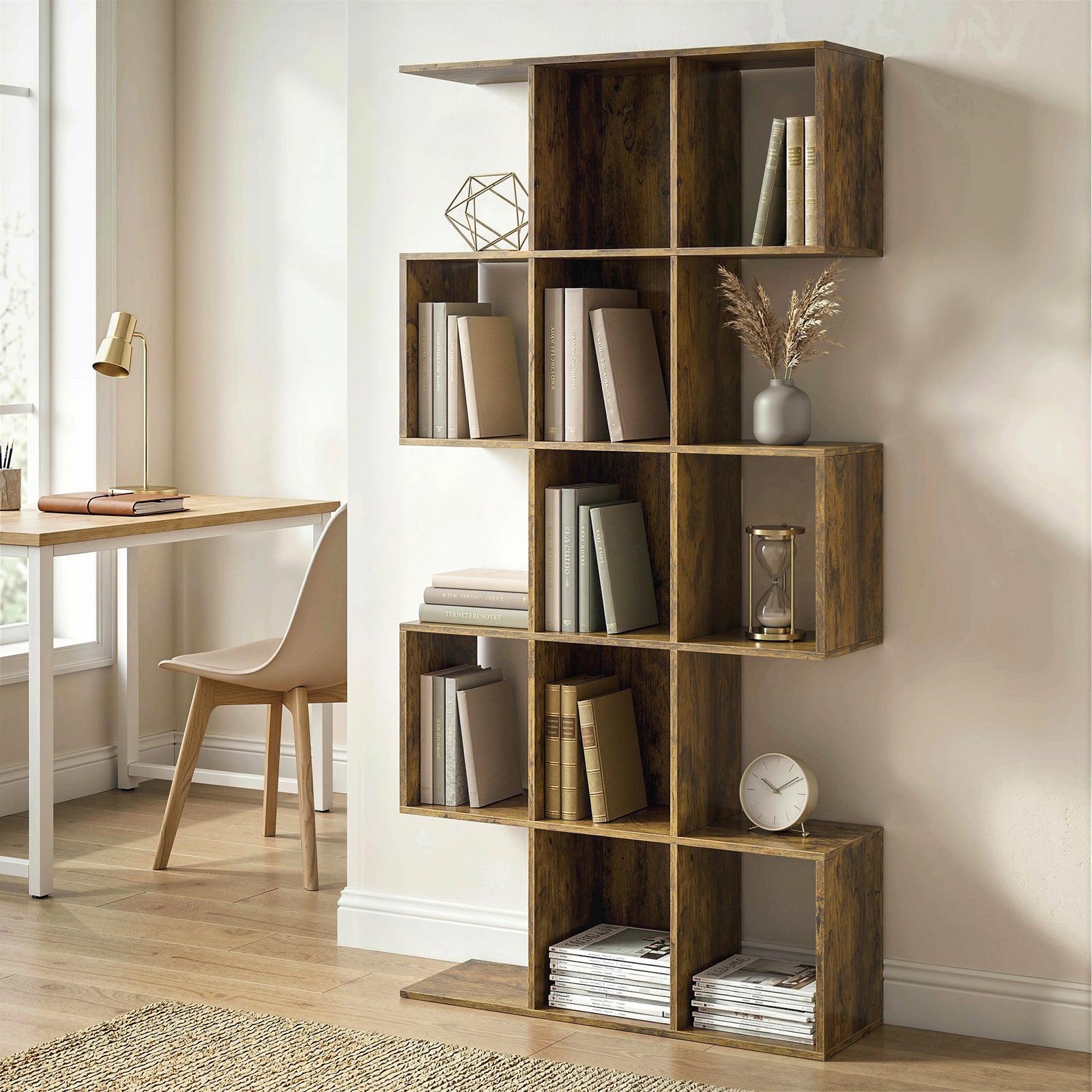 5-Tier Bookshelf, S Shaped Geometric Bookcase with 15 Compartments, Ru