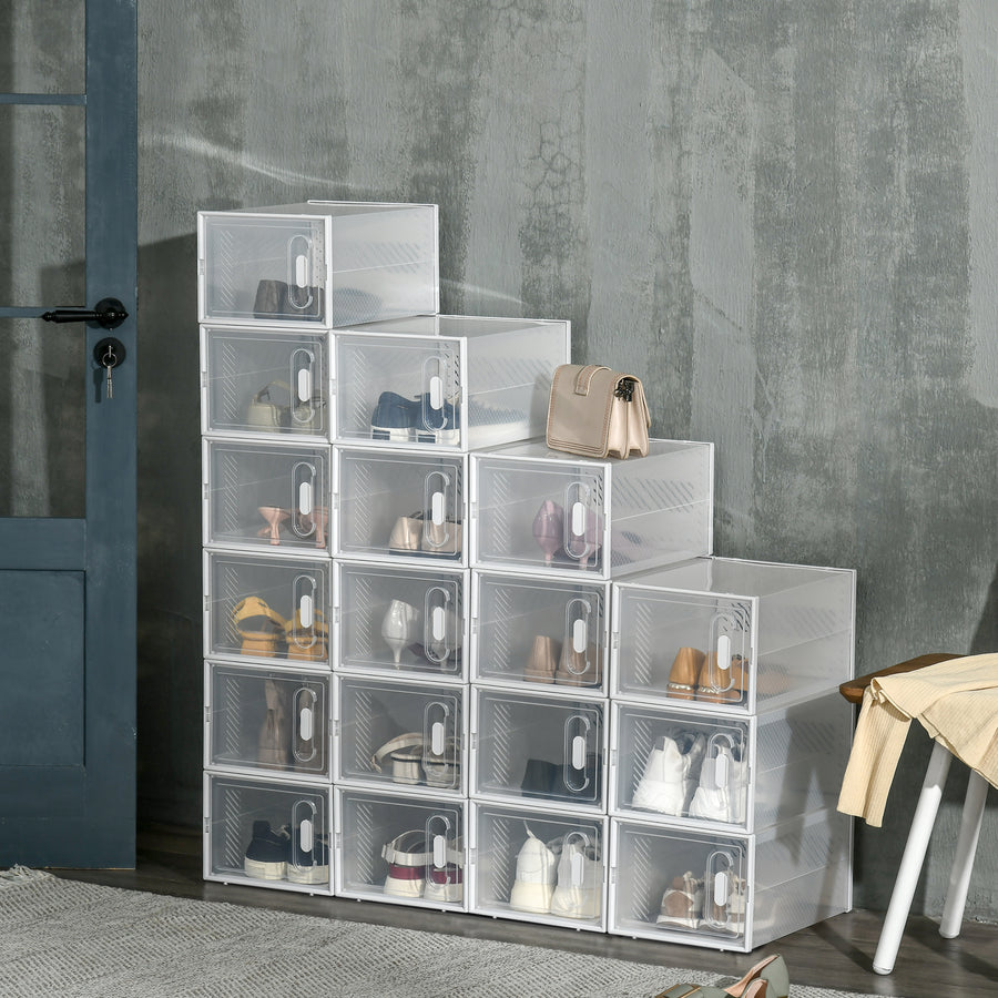 18PCS Clear Shoe Box, Plastic Stackable Shoe Storage Box for UK/EU Size up to 8.5/43 with Magnetic Door for Women/Men, 25 x 35 x 19cm