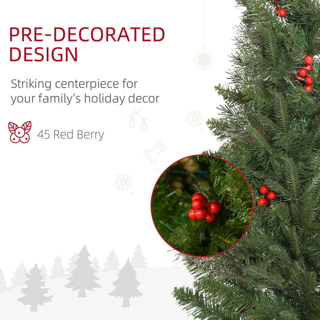 HOMCOM Pencil Artificial Christmas Tree with Realistic Branches, Red Berries, Auto Open, Green