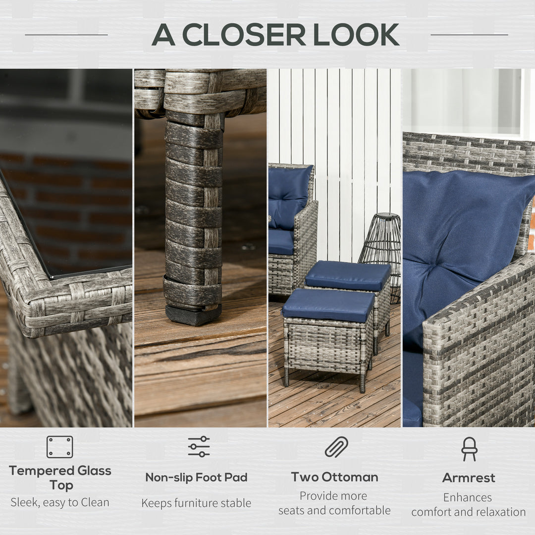 7-Seater Patio wicker Sofa Set Rattan Chair Furniture w/ Glass & Cushioned, Dark Blue