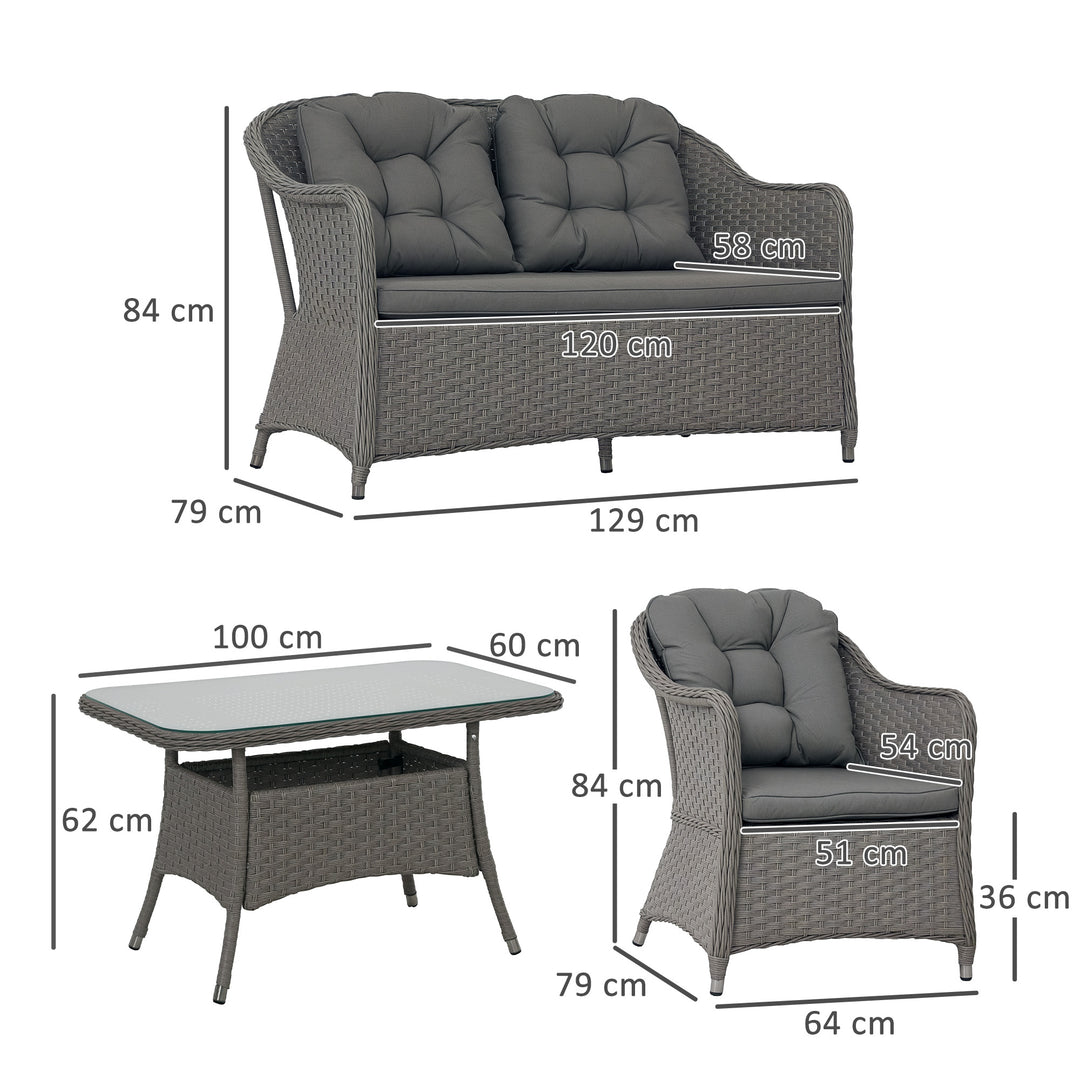Four-Piece Rattan Set, with Glass-Top Table - Light Grey