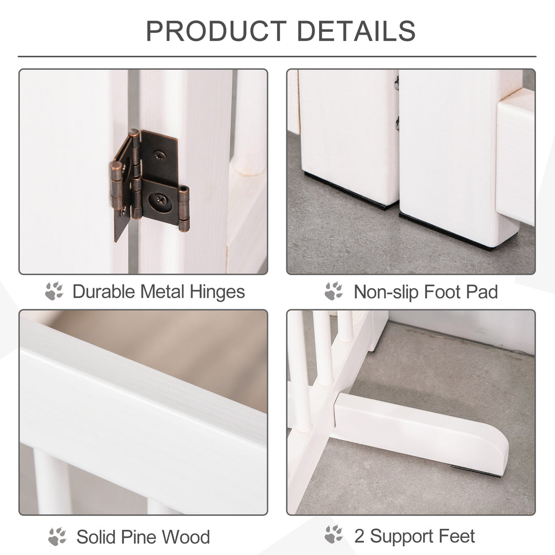 Freestanding Pet Gate 4 Panels Wooden Dog Safety Fence Foldable with Support Feet for Doorway Stairs 91cm Tall White