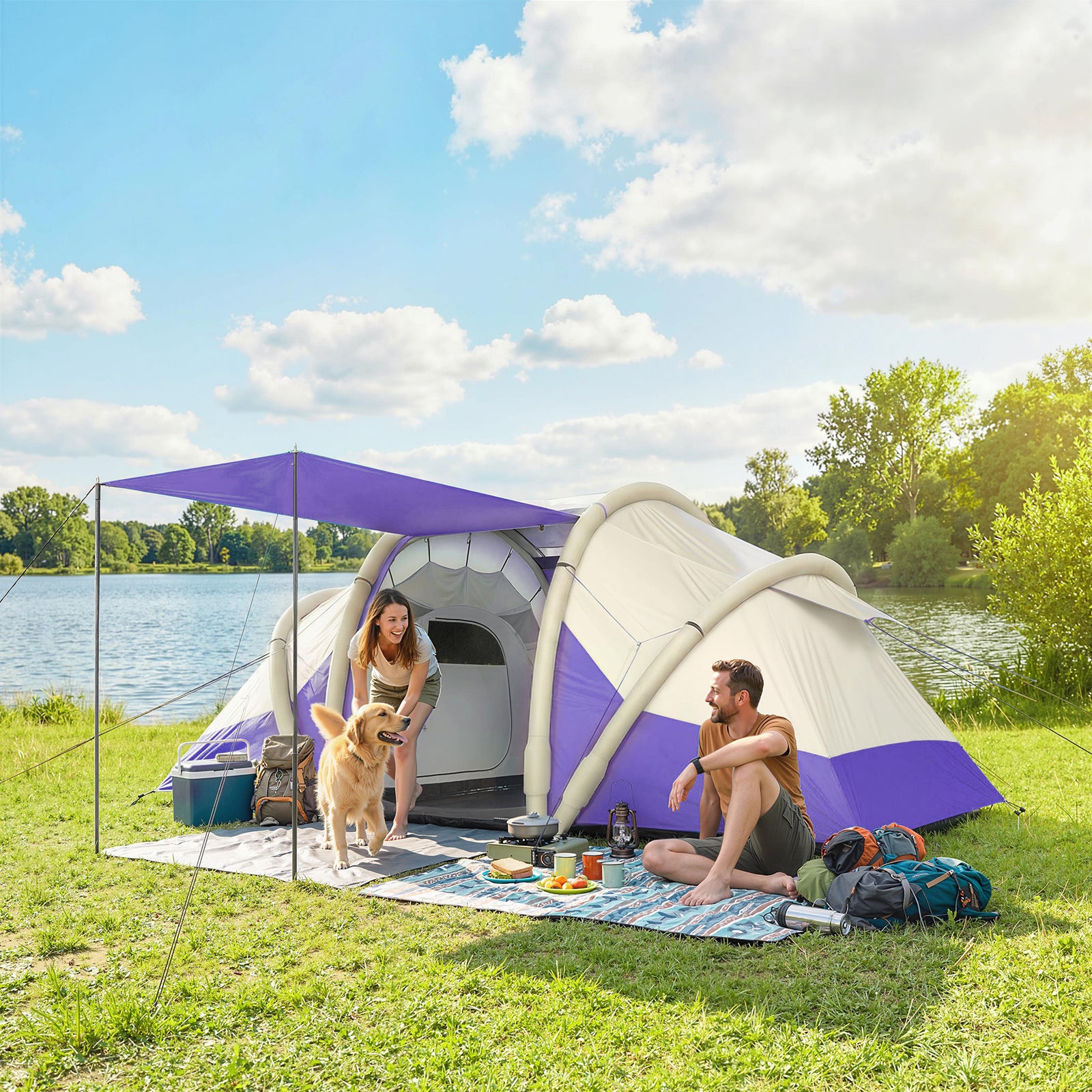 Inflatable Tent 2 Bedroom Tunnel Design Windproof Air Tent with Carry 