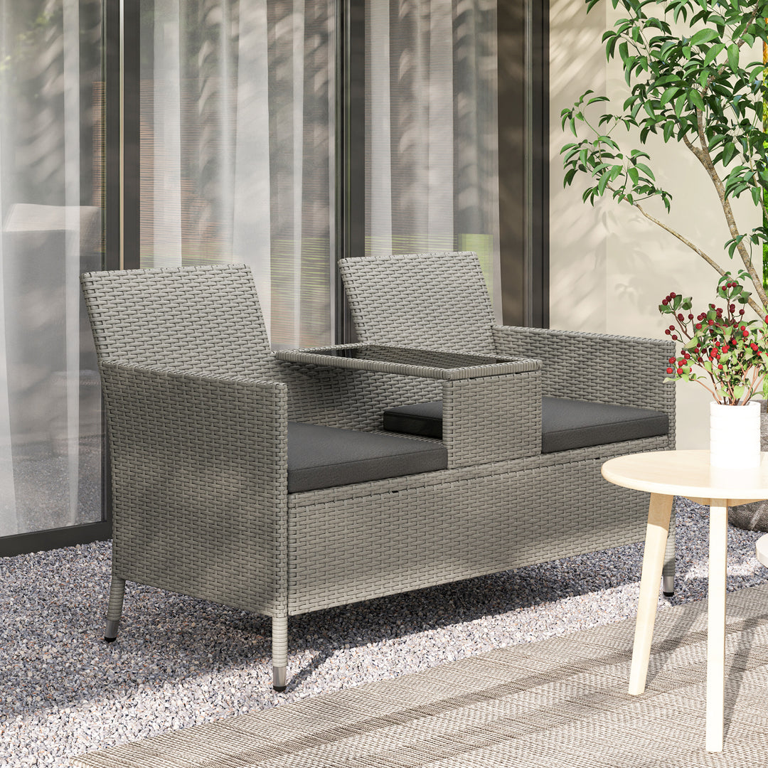 Outsunny 2-Seater PE Rattan Outdoor Garden Bench w/ Centre Table Grey