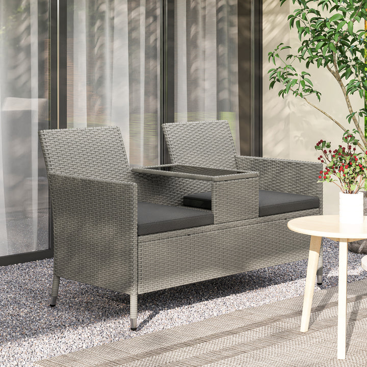 Outsunny 2-Seater PE Rattan Outdoor Garden Bench w/ Centre Table Grey