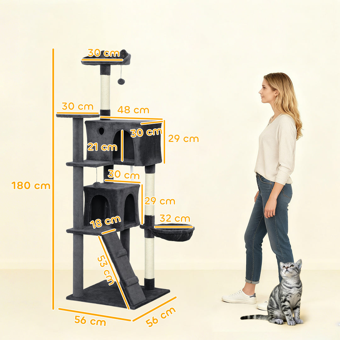 MCL 180cm Large Cat Tree Tower with Sisal Scratching Posts, Condos, Plush Perches, Hammock, Ladder, Dark Grey