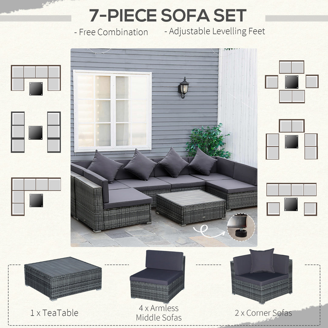 7 Pieces Patio Wicker Sofa Set, Outdoor PE Rattan Sectional Furniture Set w/ Acacia Table Top & Cushion for Garden, Backyard, Grey