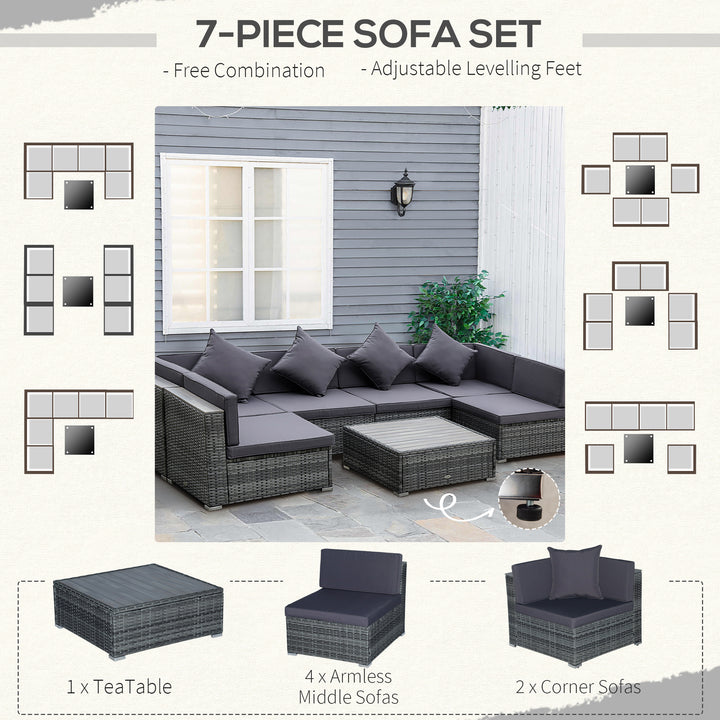 7 Pieces Patio Wicker Sofa Set, Outdoor PE Rattan Sectional Furniture Set w/ Acacia Table Top & Cushion for Garden, Backyard, Grey