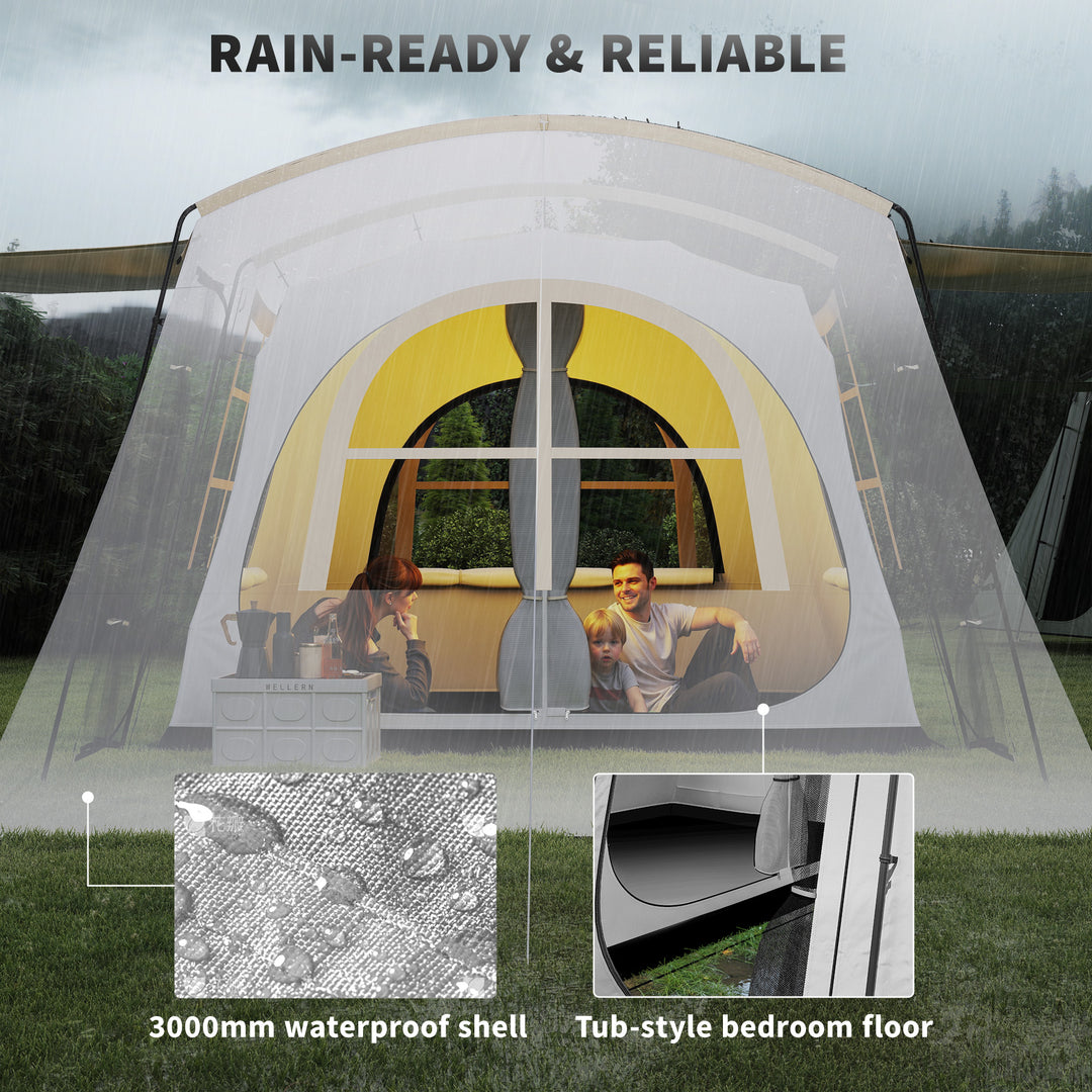 4 Man Tunnel Tent, Family Camping Tent with Porch, Bedroom and Living Area, Sewn in Groundsheet, 3000mm Waterproof, Portable with Bag for Hiking, Festival, Backpacking, Khaki