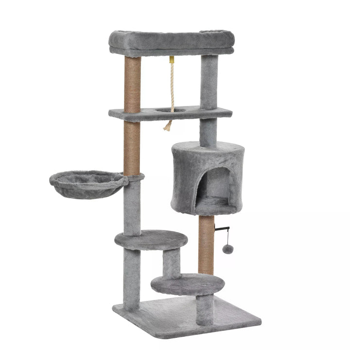 PawHut Cat Tree with Jute Scratching Posts, 120cm, Perch, Hammock, Hanging Ball, Teasing Rope, Condo, Light Grey | Aosom UK