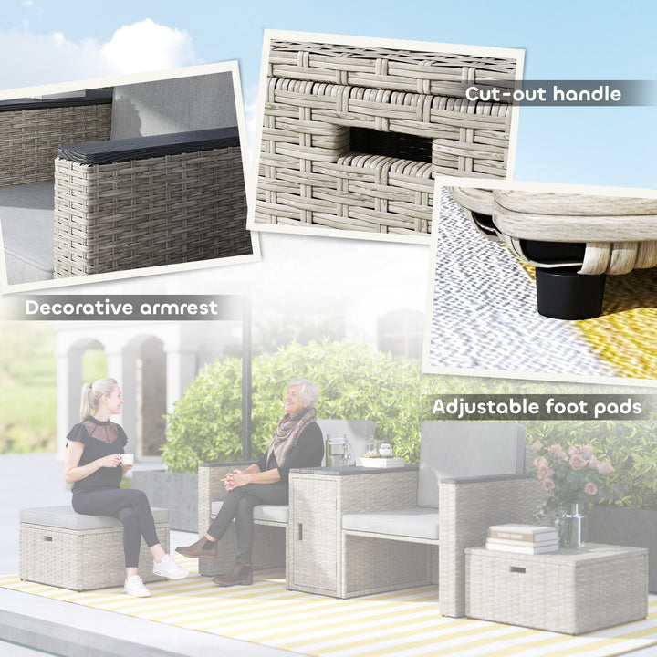 5 Piece Rattan Garden Furniture Set, Nesting Outdoor Furniture Conversation Set with 2 Footstools, WPC Storage Coffee Table and Cushions, Wicker Garden Sofa for Conservatory, Terrace, Grey