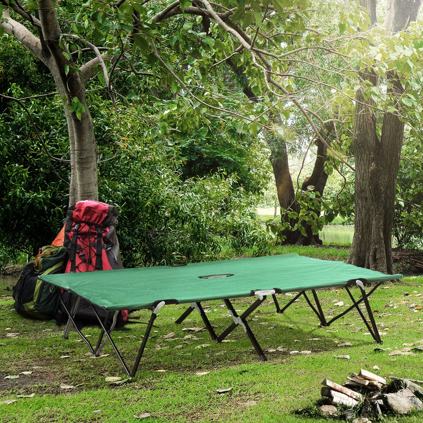 Double Camping Cot Bed, with Bag - Green
