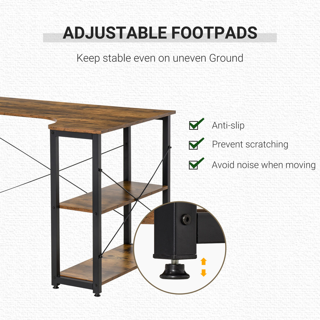 HOMCOM L-Shaped Computer Desk Home Office Corner Desk Study Workstation Table with 2 Shelves, Steel Frame, Rustic Brown | Aosom UK