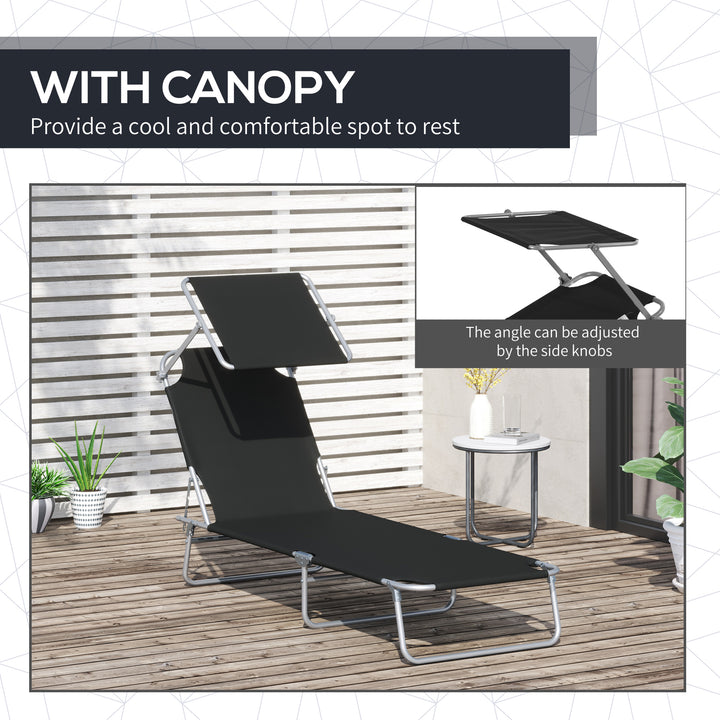 2 Pieces Outdoor Foldable Sun Lounger, 4 Level Adjustable Backrest Reclining Sun Lounger Chair with Angle Adjust Sun Shade Awning for Beach, Garden, Patio, Black
