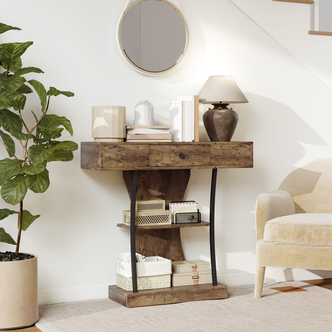 Console Table, 3-Tier Industrial Hallway Table with Drawer, Storage Shelves, 91 x 32 x 87 cm