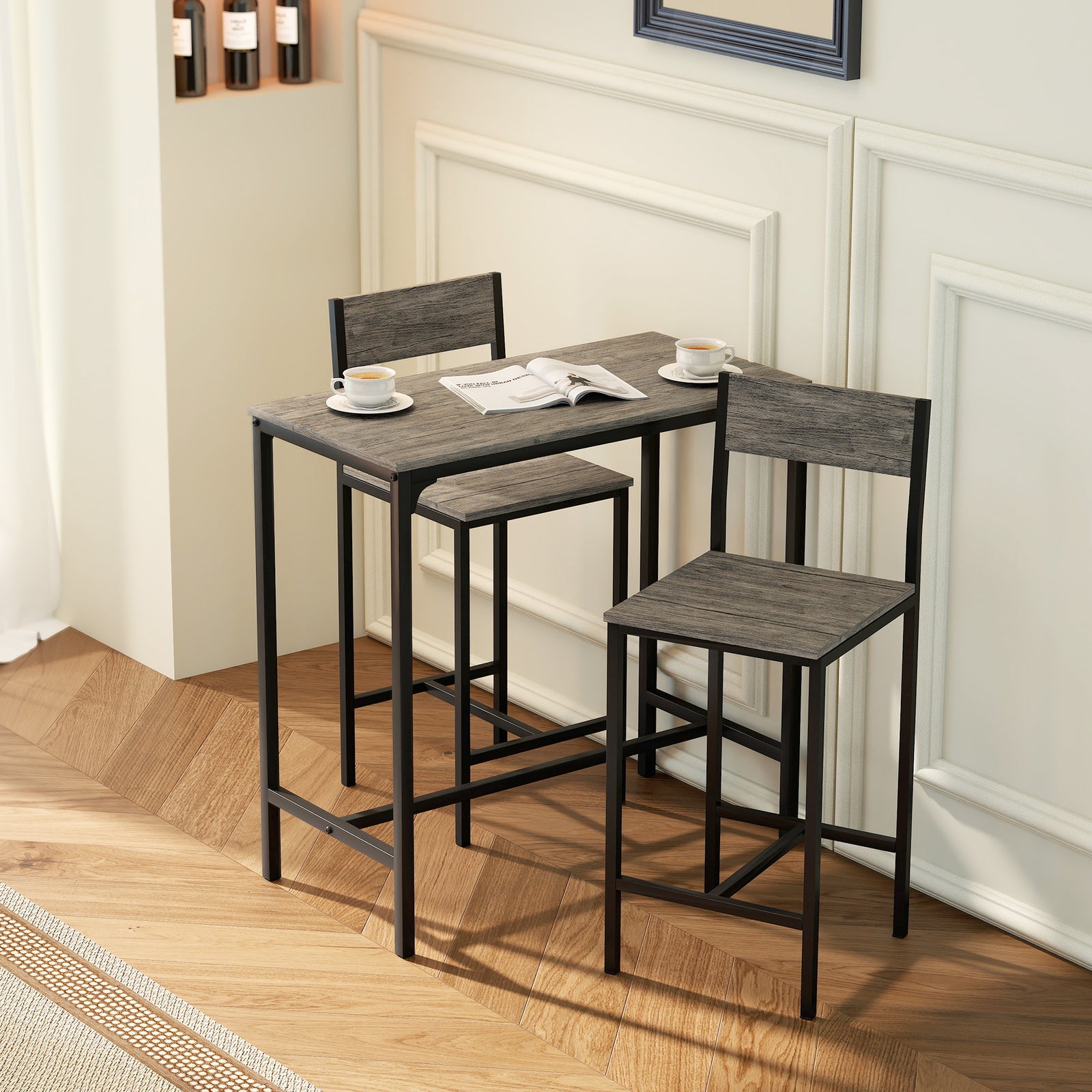 3-Piece Bar Table Set with 2 Stools, Industrial Breakfast Bar Set with
