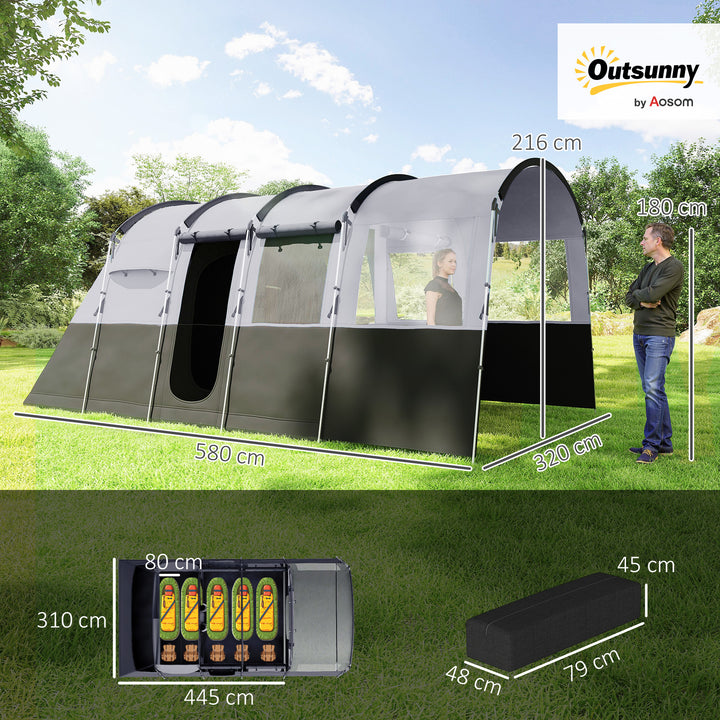 8-Person Camping Tent, Waterproof Family Tent, Tunnel Design, 4 Large Windows, Sleeping Cabins 3000mm Water Column Grey
