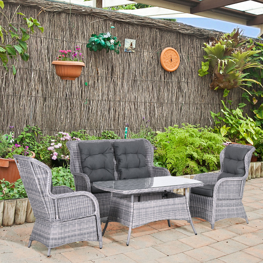 Garden PE Rattan Dining Sofa Set, Outdoor 4 Seater Wicker Furniture, High Back Chairs with Cushions, Tempered Glass Coffee Table for Patio, Mixed Grey