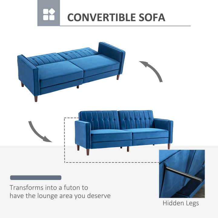 HOMCOM Modern Convertible Sofa Futon Velvet-Touch Tufted Couch Compact Loveseat with Adjustable Split Back, Blue