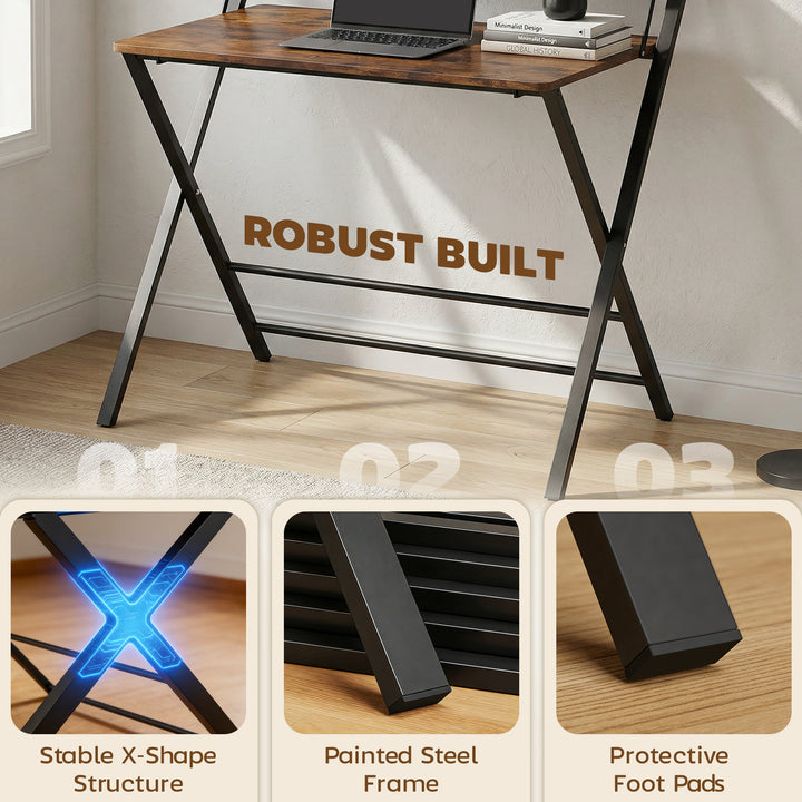 Compact Folding Desk for Small Spaces with Storage Shelf for Home Offi