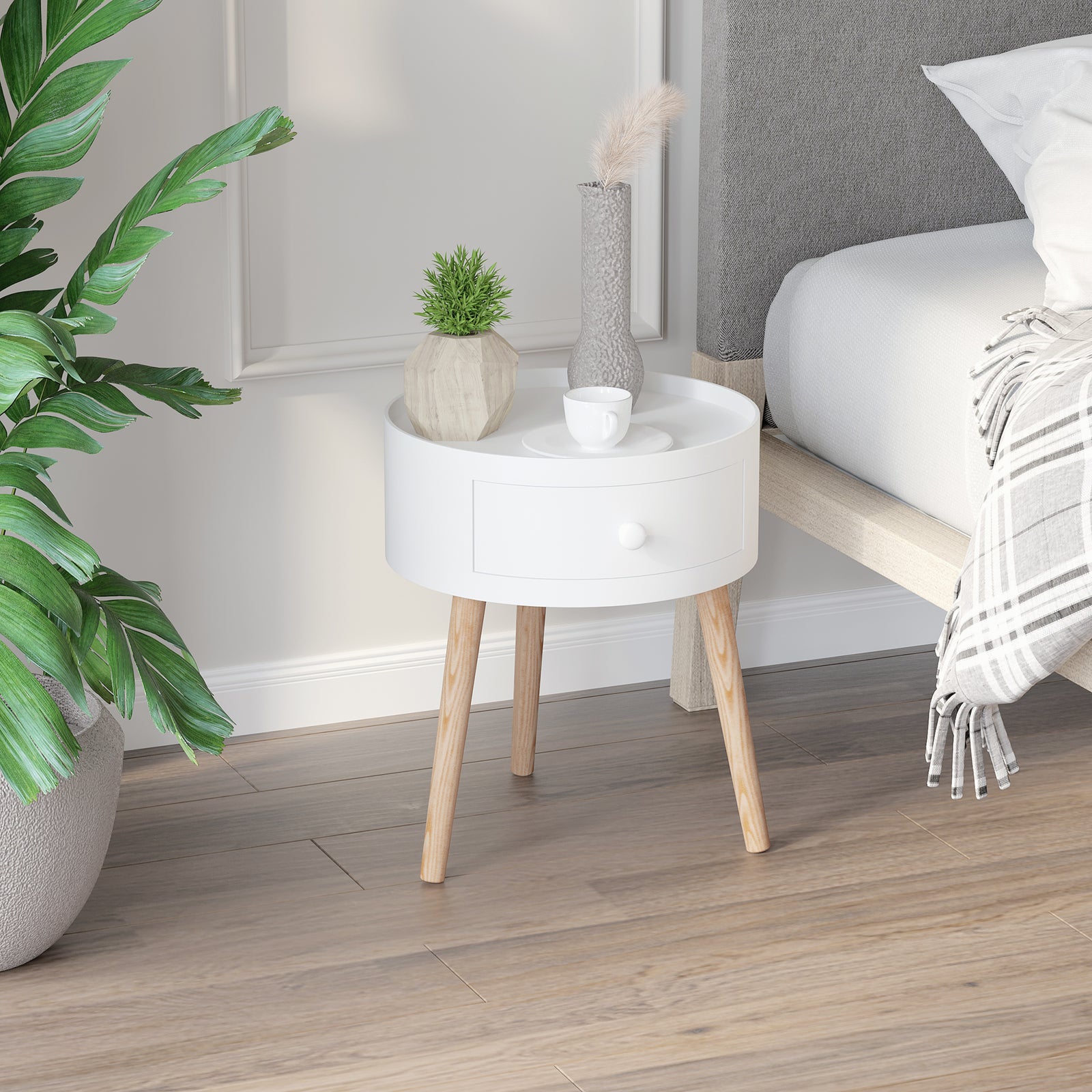 Modern Side Table, Small Coffee Table, Round Bedside Table with Drawer