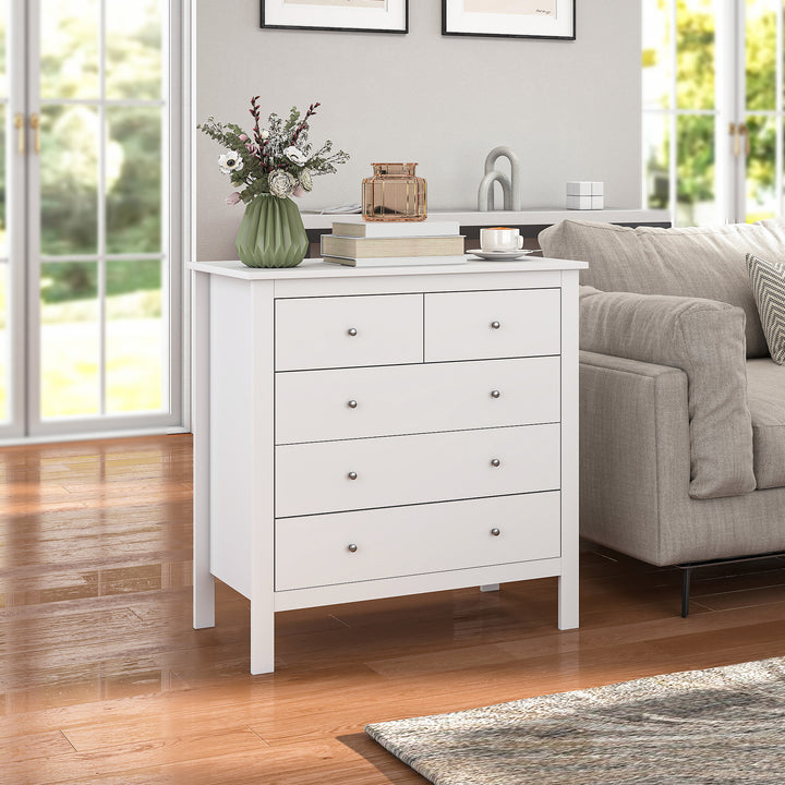 Modern Chest of Drawers, 5 Drawer Storage Cabinet with Metal Handles and Runners for Bedroom, White